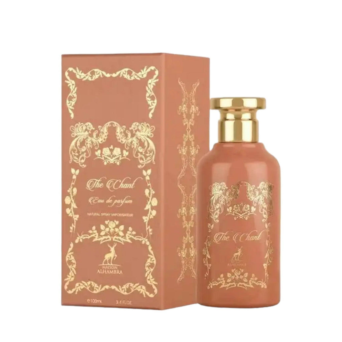 Elegant bottle of Maison Alhambra The Chant perfume, showcasing the luxurious frangipani scent, set against a backdrop of a mystical tropical forest.
