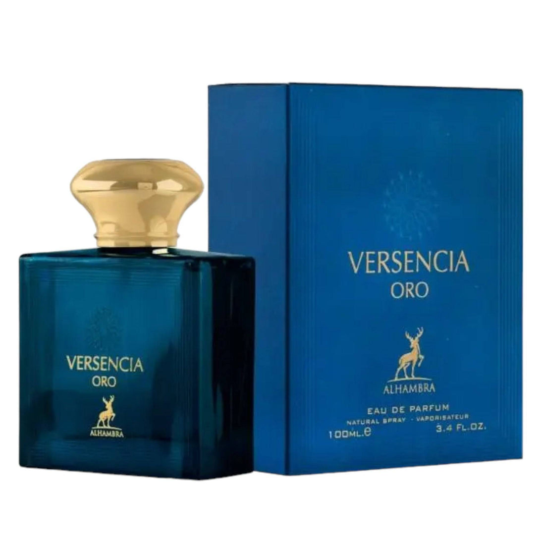 Sophisticated 100ml bottle of Versencia Oro Perfume by Maison Alhambra, reflecting its unique blend of mint, green apple, and woody notes.