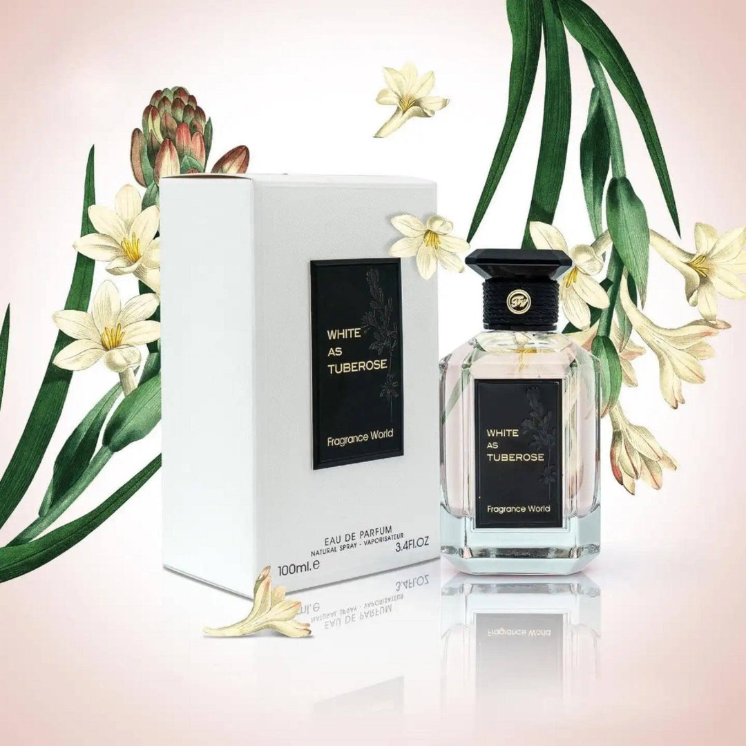 White As Tuberose perfume against a backdrop of summer blooms, symbolizing its floral and vibrant heart.